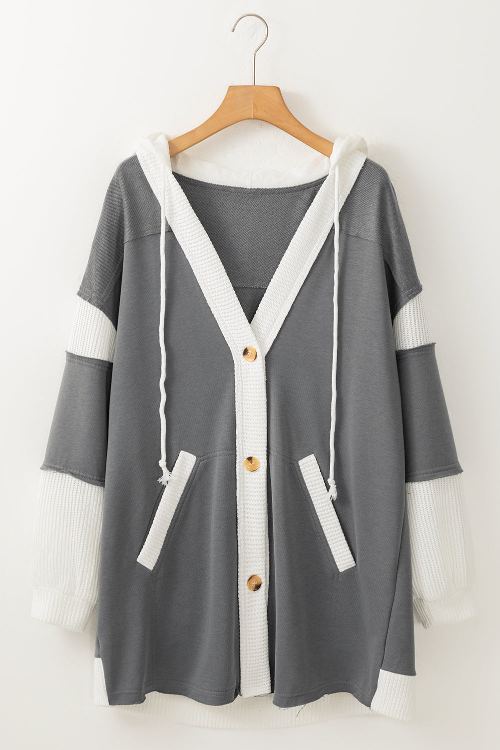 Dark Grey Contrast Knit Patchwork Hooded Functional Coat