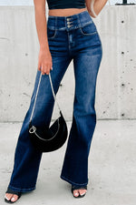 Blue Buttons Elastic Wide Waistband Back Flare Jeans