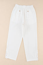 White Lace Splicing Drawstring Casual Cotton Pants
