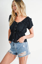 RUFFLED DRAWSTRING BUTTON FRONT TOP