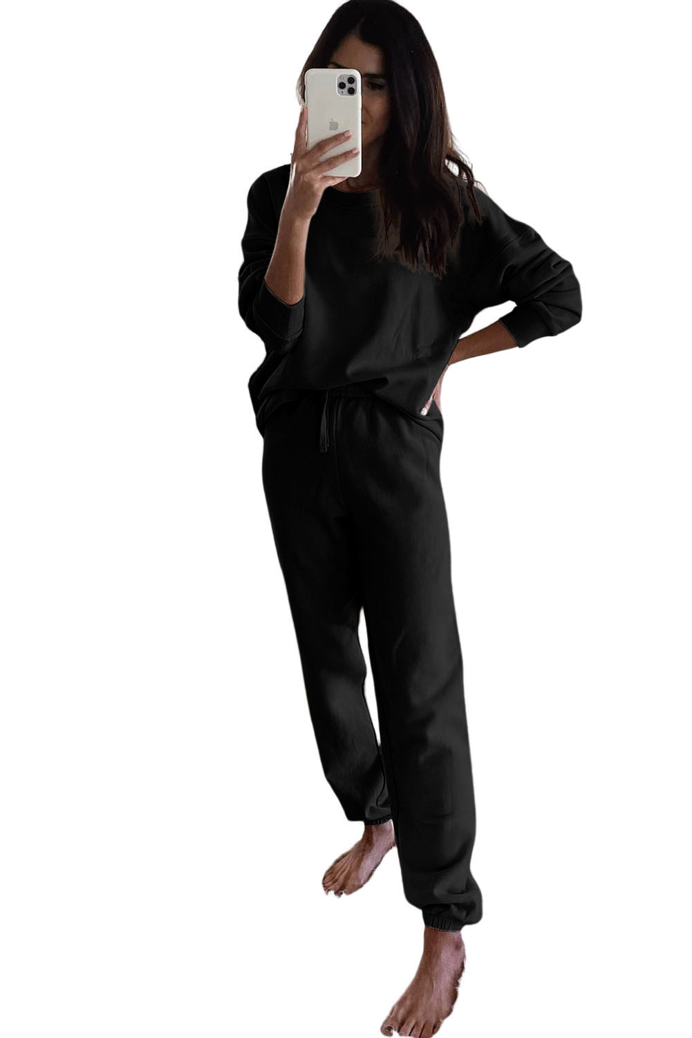 Black Long Sleeve Top and Drawstring Pants Lounge Outfit