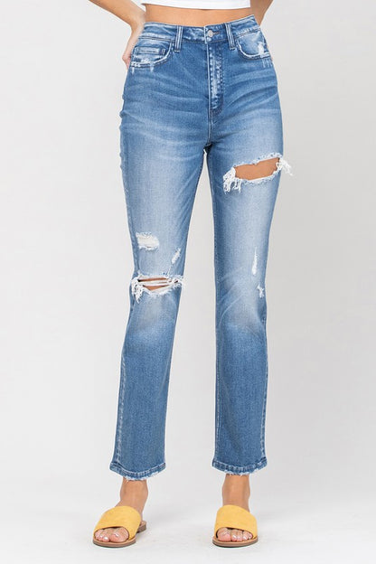 Super high rise distressed straight