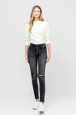 HIGH RISE DISTRESSED BUTTON FLY ANKLE SKINNY