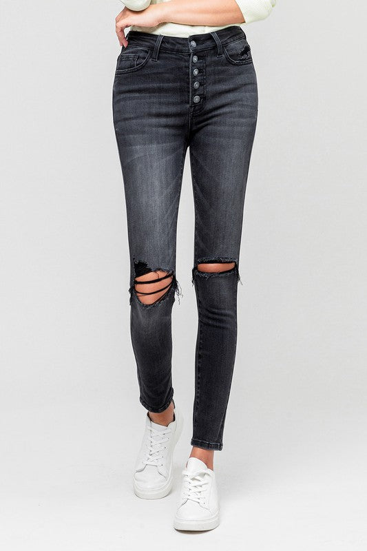 HIGH RISE DISTRESSED BUTTON FLY ANKLE SKINNY