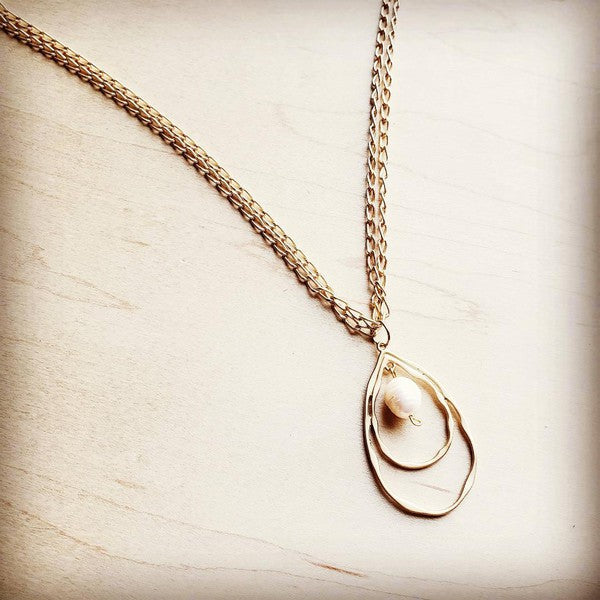 Matte Gold Necklace w/ Double Hoop Pearl Pendant