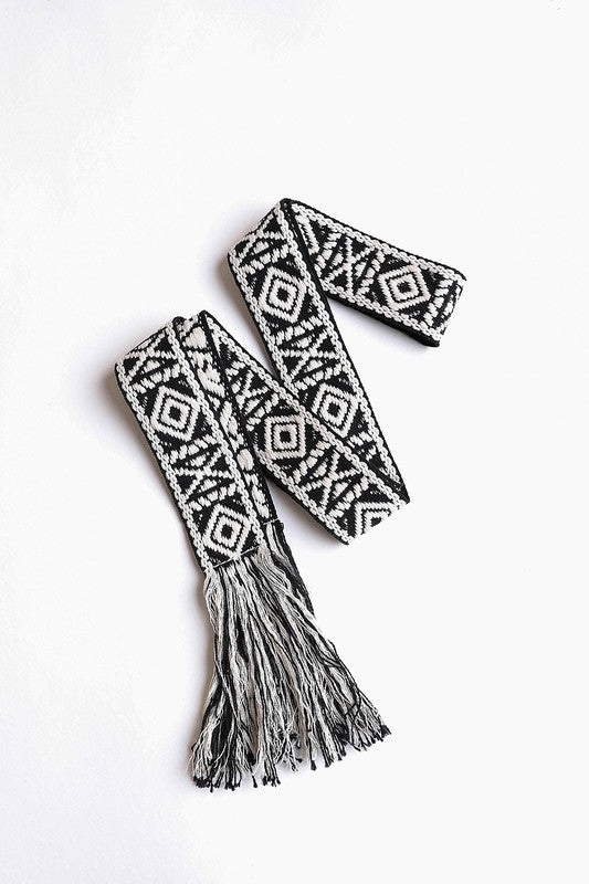 Woven Aztec Waist Tie Belt w/ Frayed Trim - A Little More Boutique