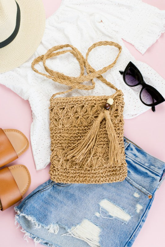 Woven Straw Tassel Accent Crossbody Bag - A Little More Boutique