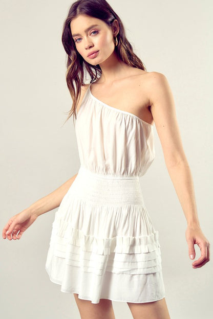 PLEATED DETAIL ONE SHOULDER CAMI DRESS