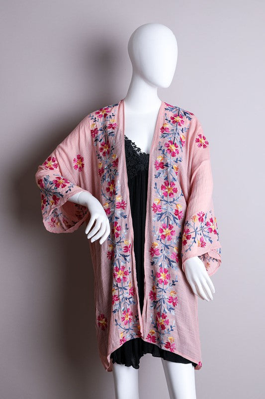 Pink Anemone Garland Embroidered Kimono - A Little More Boutique
