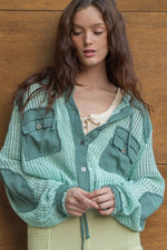 Open knit button down pocket hooded shirt top - A Little More Boutique