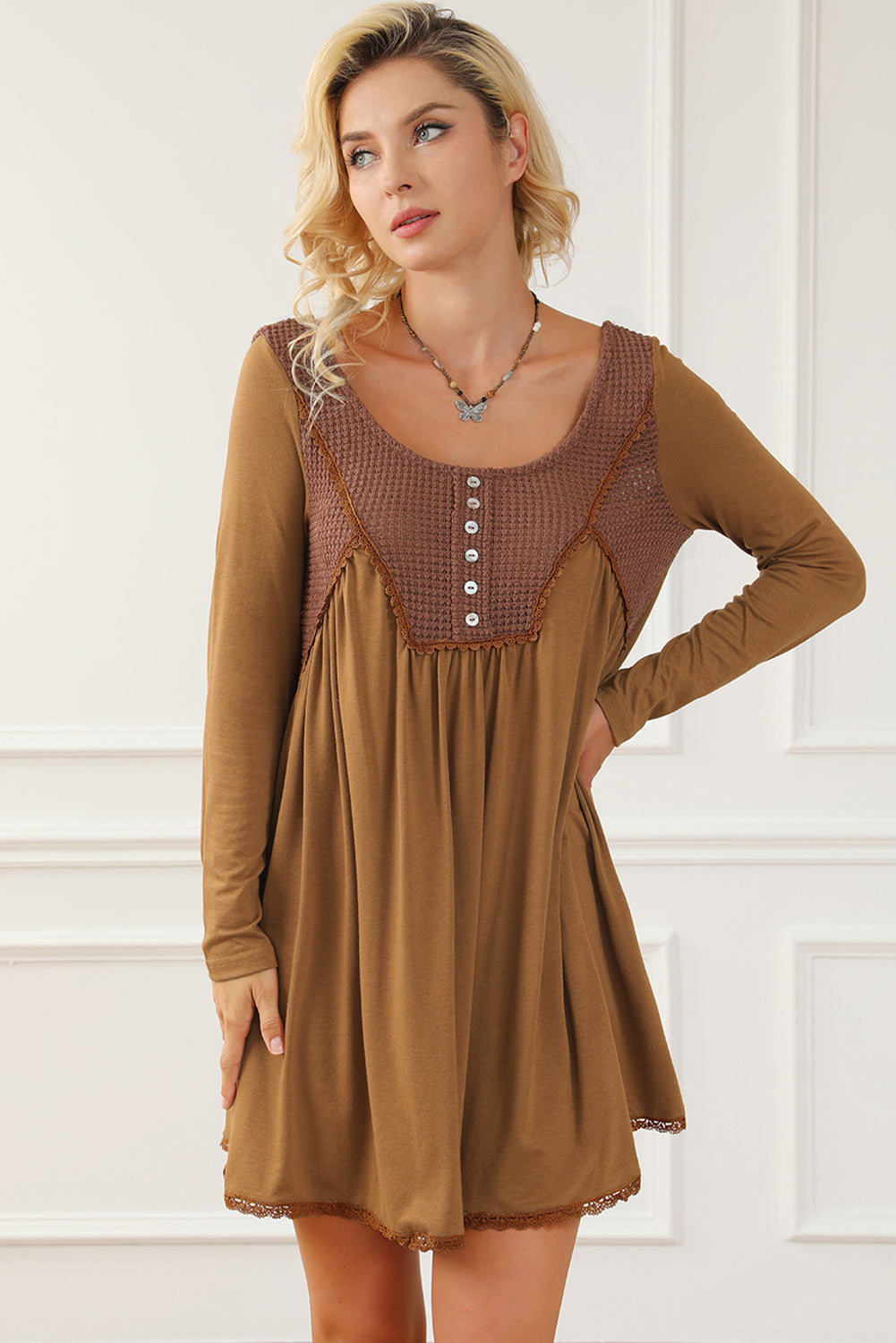 Textured Accent Patchwork Long Sleeve Flare Dress