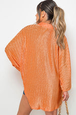Grapefruit Orange Solid Color Crinkled Wide Sleeve Button up Shirt