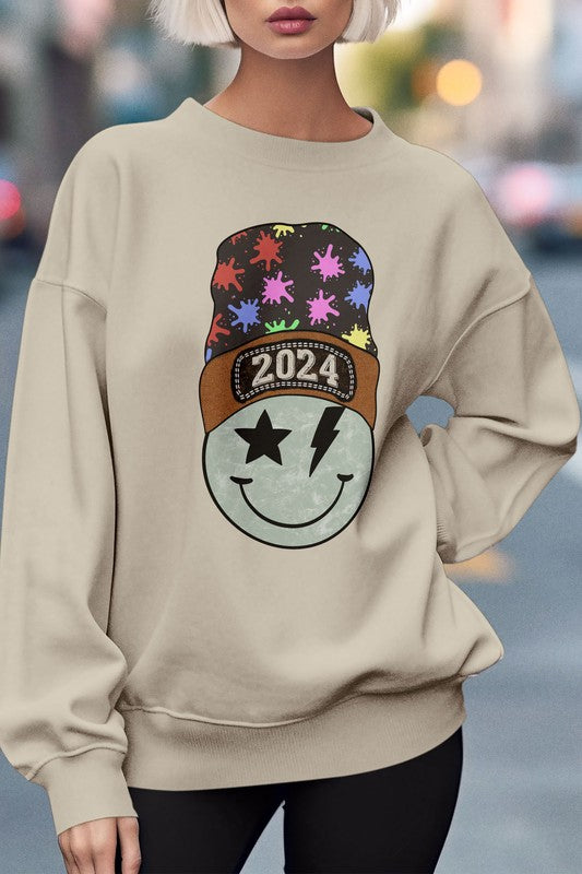 New Year 2024 Smiley Graphic Fleece Sweatshirt