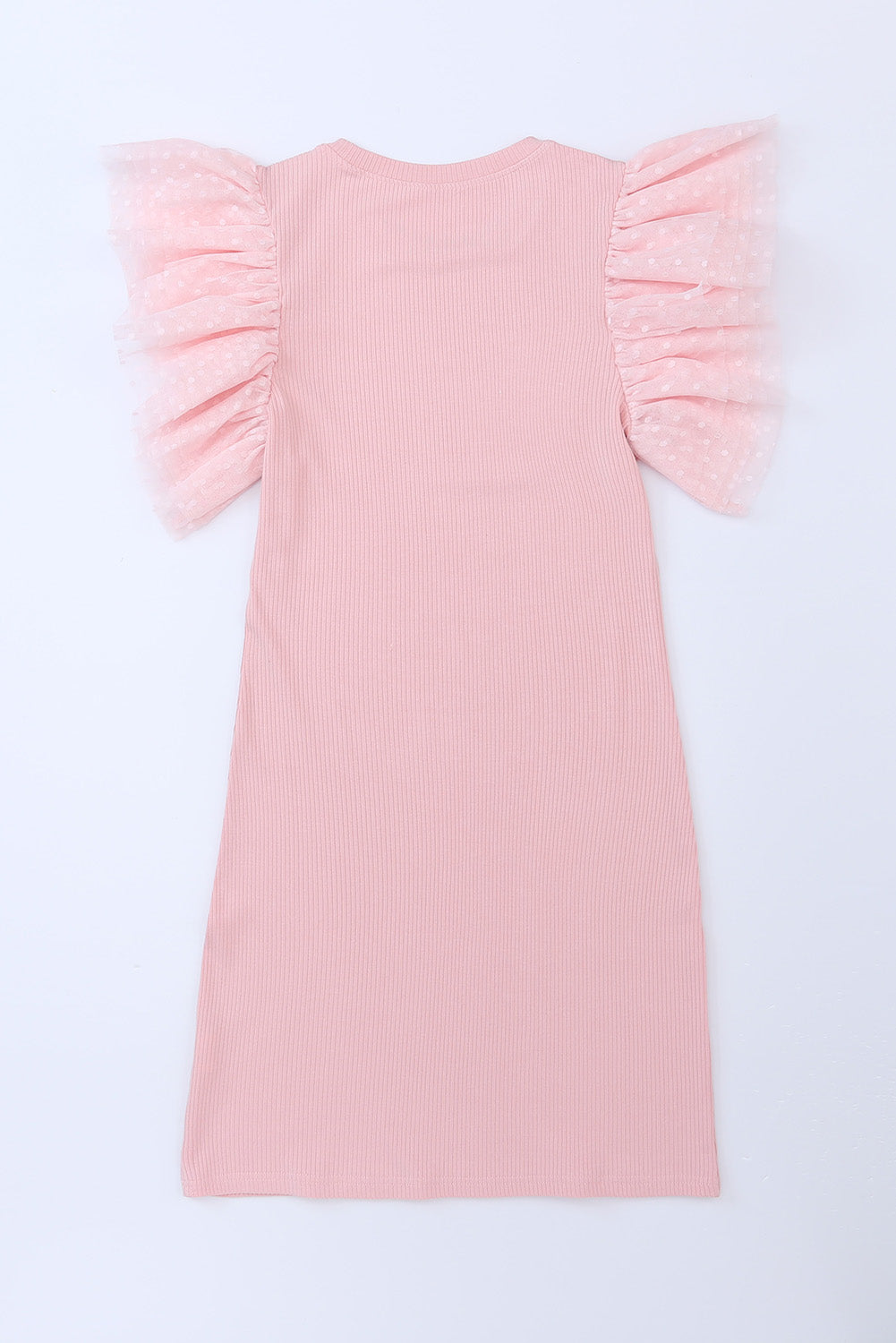 Pink Ruffle Tulle Sleeve Ribbed Knit Bodycon Dress