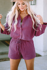 Textured Dolman Sleeve Cropped Shirt and Shorts Set