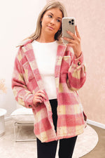 Peach Blossom Plaid Print Buttoned Collared Chest Pockets Shacket