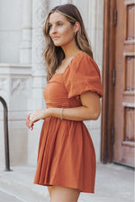 Brown Square Neck Ruched Puff Sleeve Romper