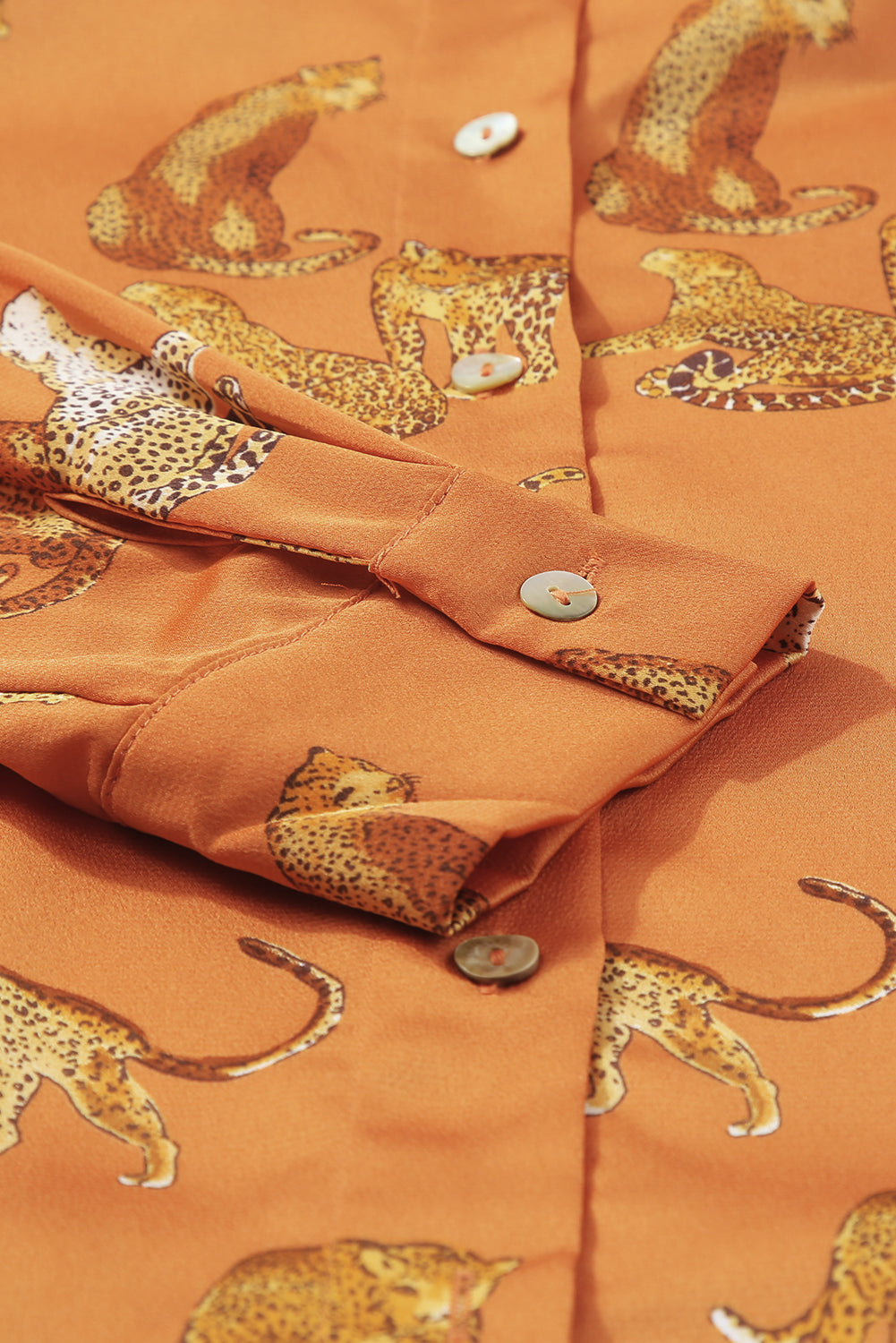 Russet Orange Cheetah Animal Print Button Up Satin Shirt