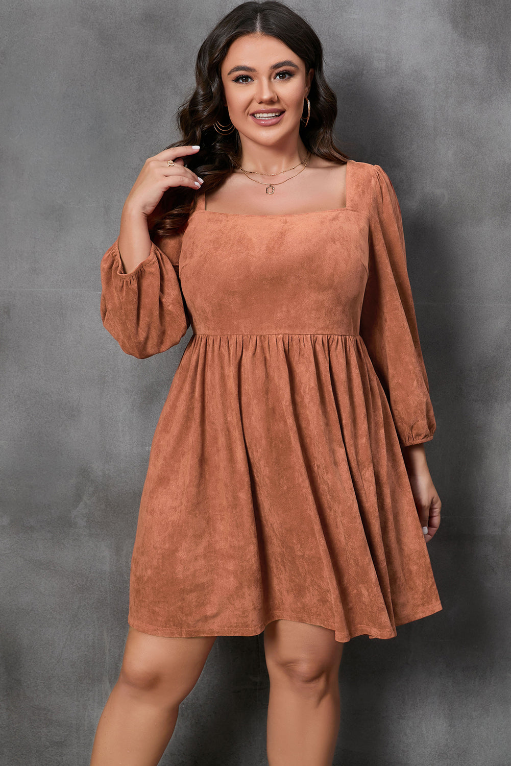 Brown Suede Square Neck Puff Sleeve Dress