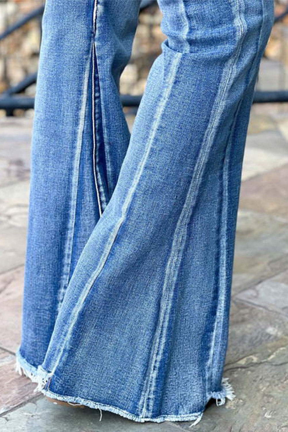 Light Blue Acid Wash Raw Hem Flared Jeans