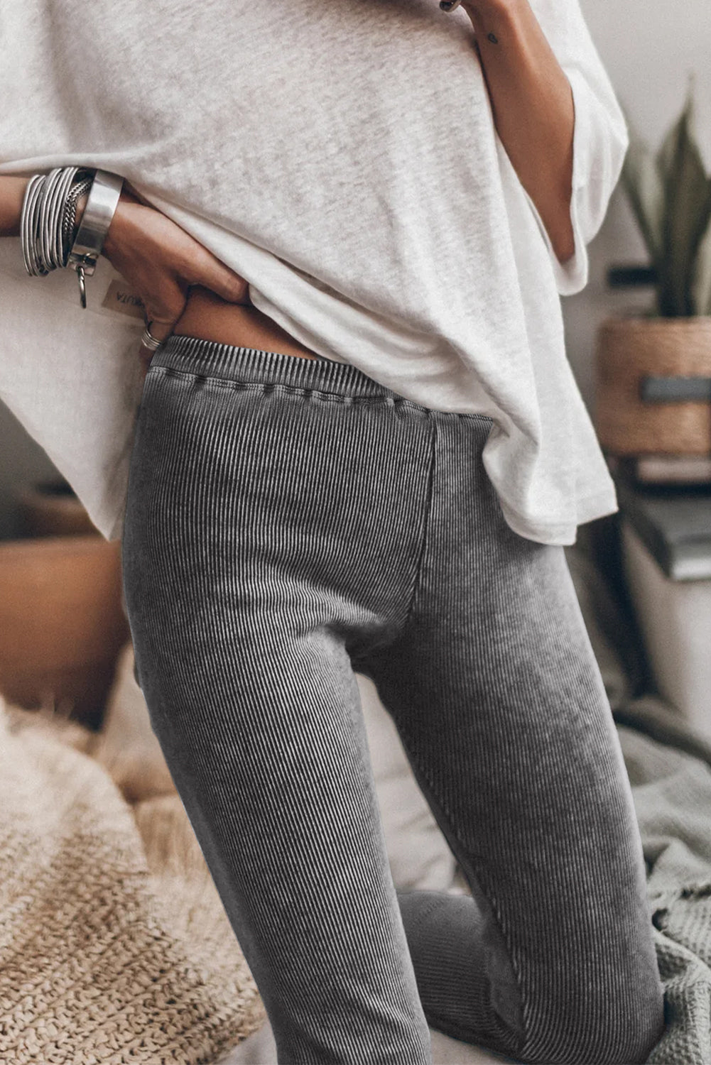 Dark Grey Vintage Wash Ribbed Leggings