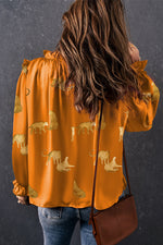 Russet Orange Cheetah Animal Print Button Up Satin Shirt
