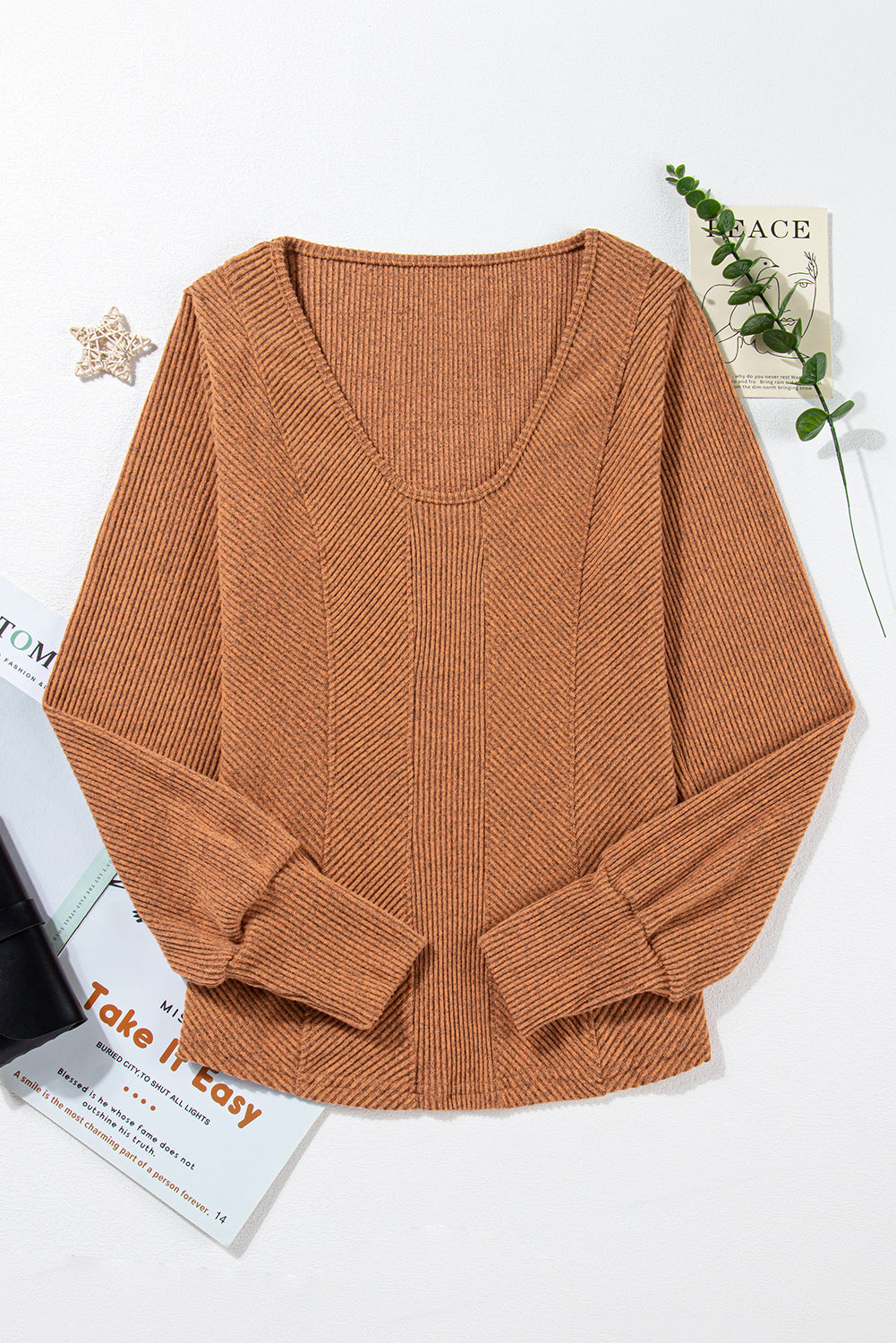 U Neck Textured Long Sleeve Top