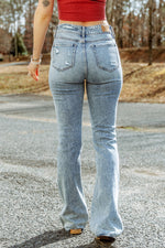 Sky Blue Subtle Ripped Detail Flare Bottom Jeans