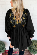 Black Sequined Stars Flounce Sleeve Ruffled Babydoll Dress