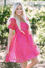 Strawberry Pink Checkered Puff Sleeve Babydoll Dress