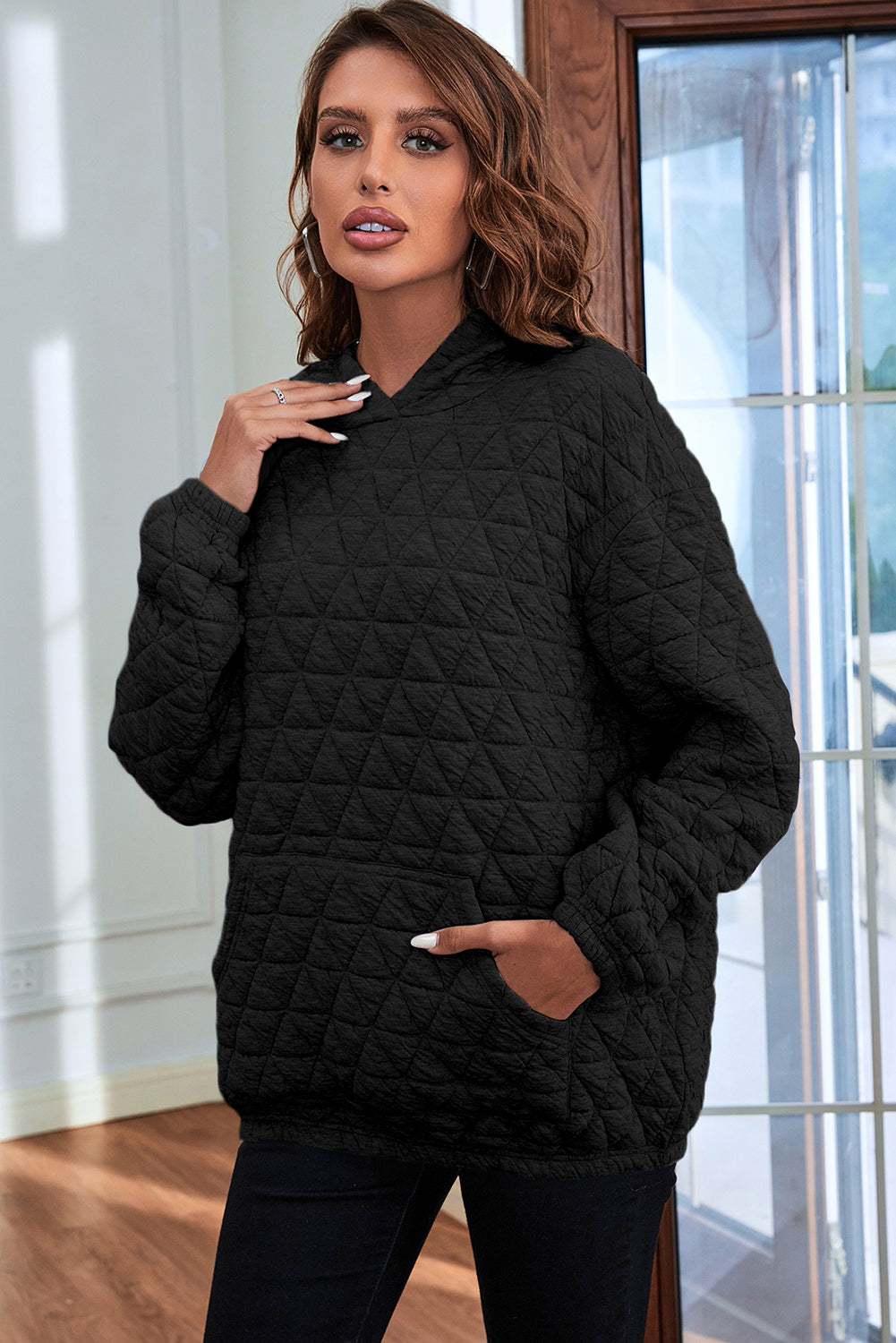 Black Color Block Quilted 3/4 Sleeve Top and Shorts Set