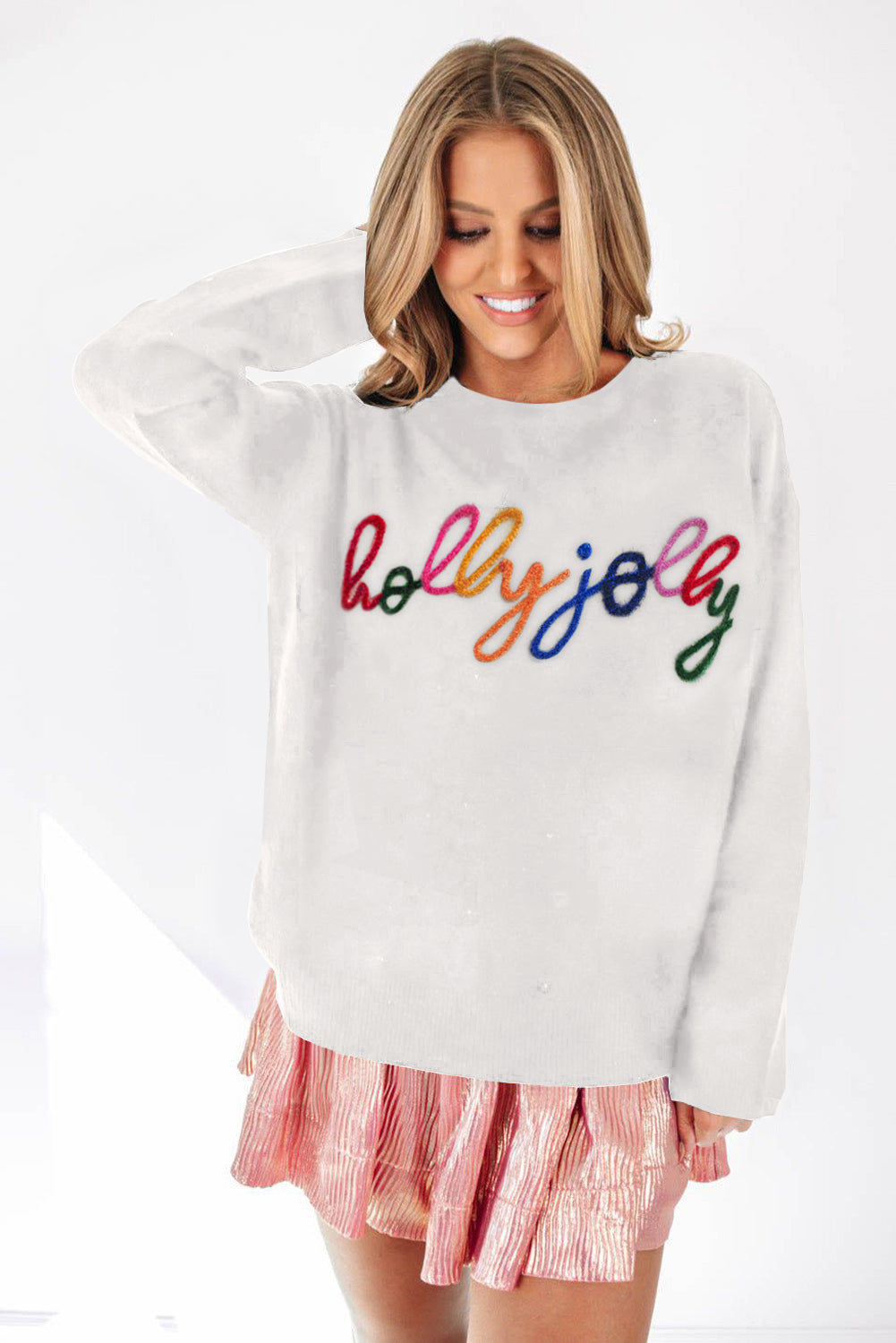 White Merry & Bright Round Neck Casual Sweater