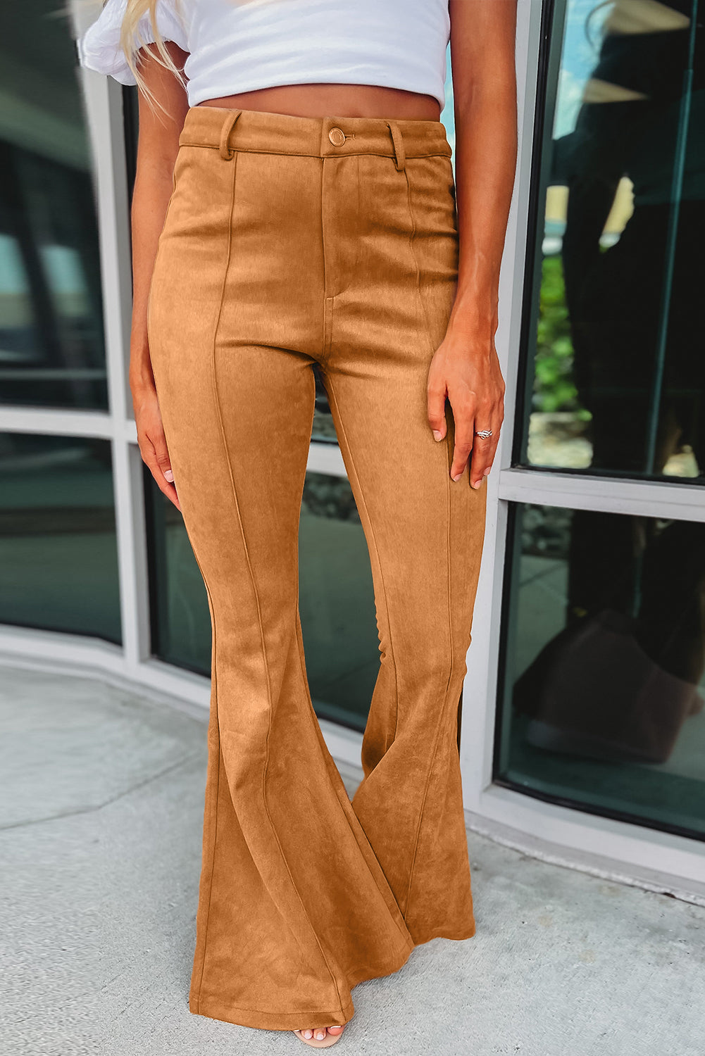 Brown Exposed Seam Flare Suede Pants with Pockets