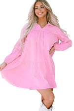 Pink Turn-down Neck Textured Bubble Sleeve Dress