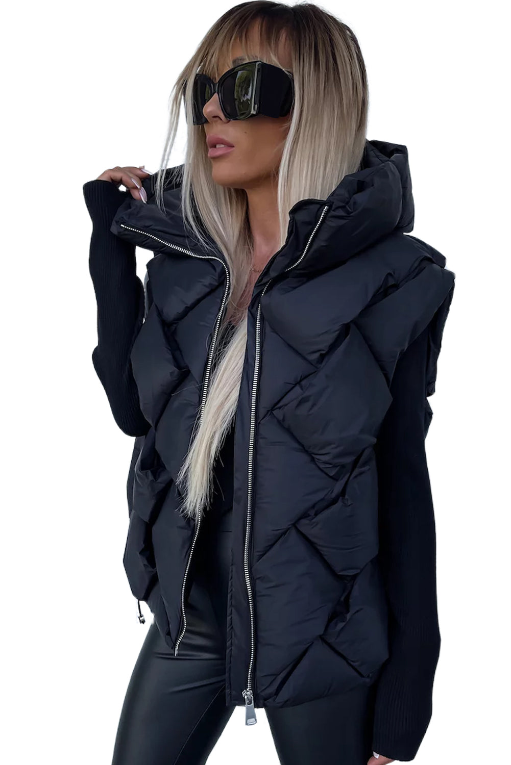 Black Quilted Zipper Front Hooded Vest Coat
