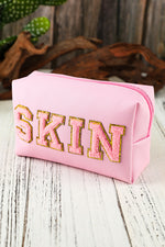 Pink SKIN Embroidered Patch Zipped Cosmetic Bag 19*7*12cm