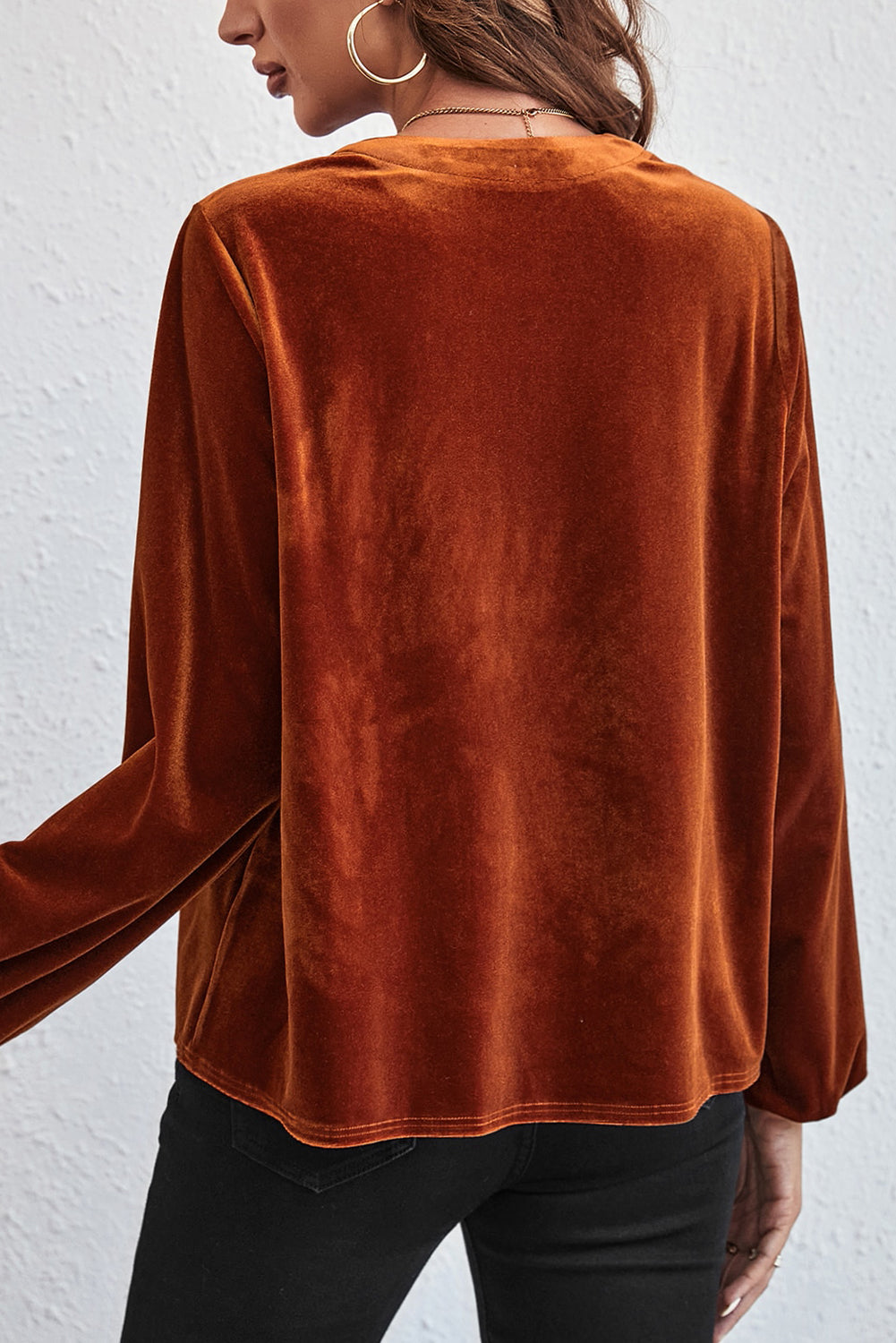 Skobeloff Lantern Sleeve Beaded Split V Neck Velvet Top