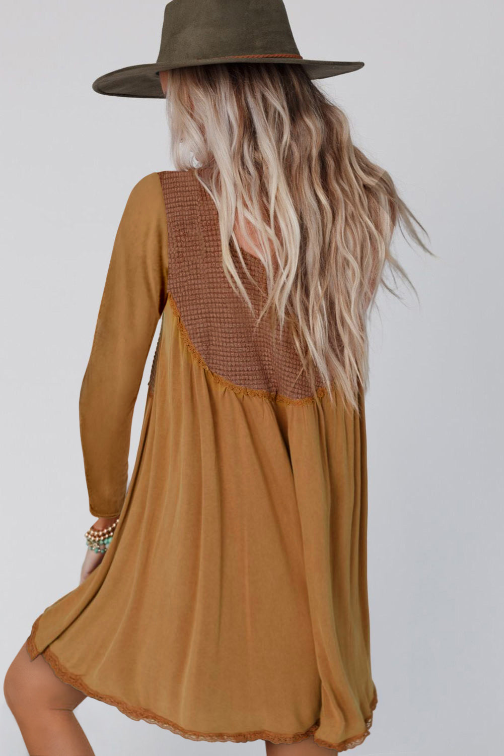Textured Accent Patchwork Long Sleeve Flare Dress