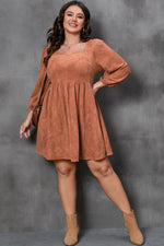 Brown Suede Square Neck Puff Sleeve Dress