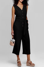 Black Buttoned Sleeveless Cropped Jumpsuit with Sash