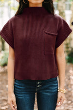 Pink Patch Pocket Ribbed Knit Short Sleeve Sweater