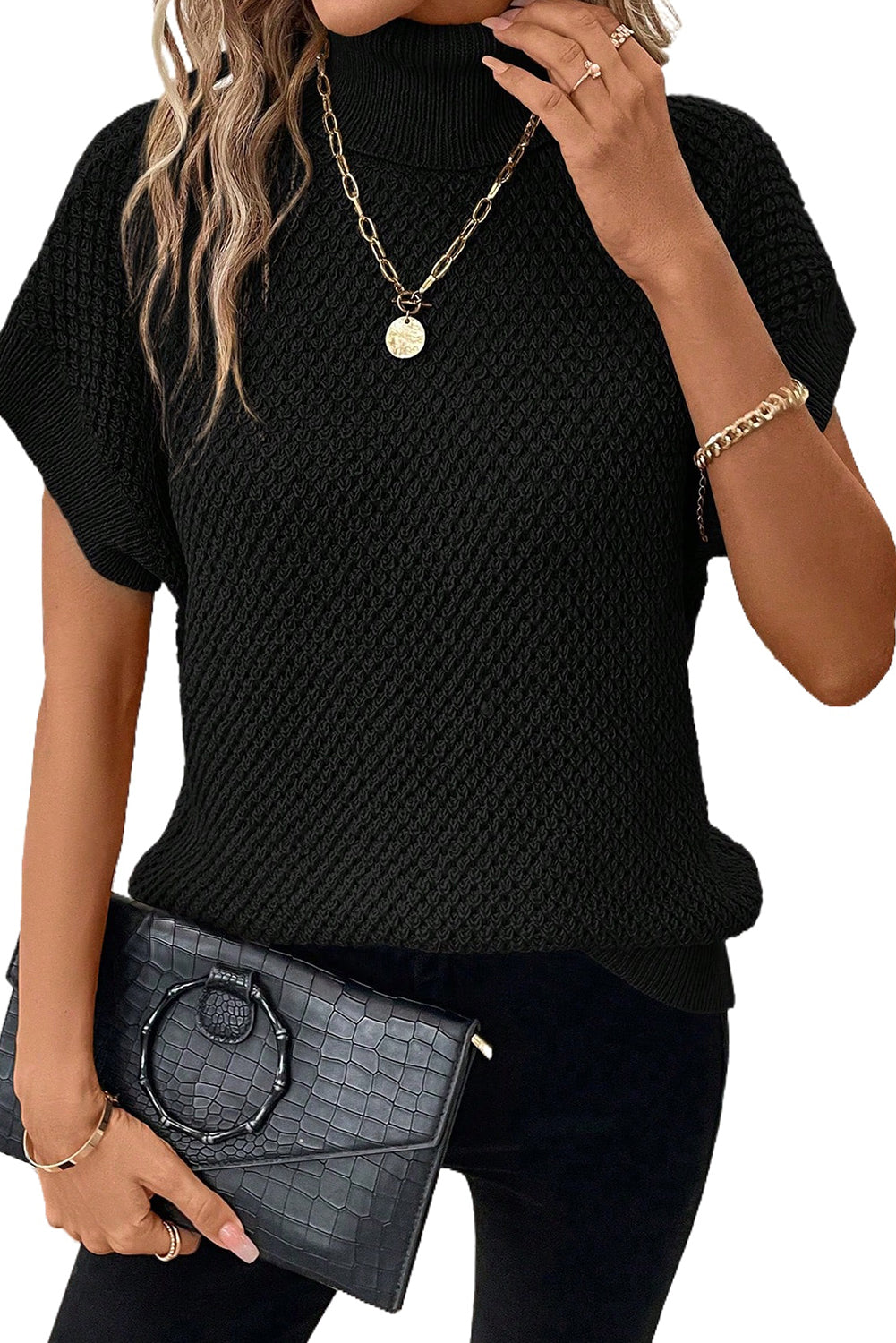 Black Turtleneck Textured Short Sleeve Sweater
