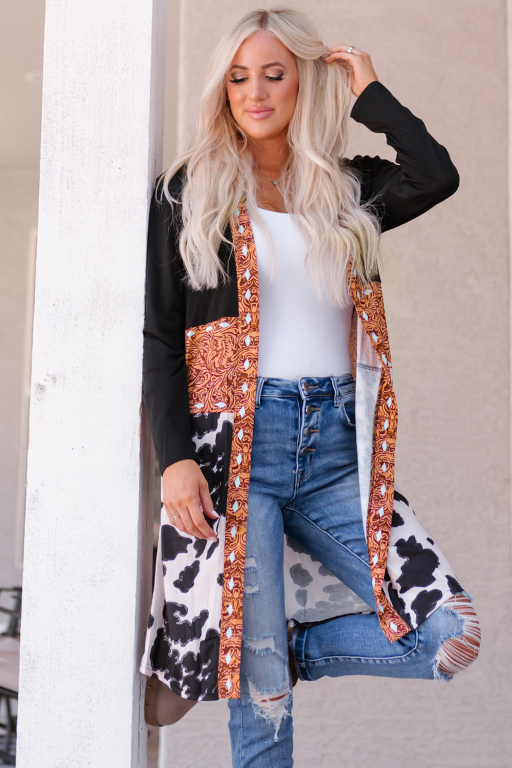 Pink Western Pattern Cow Patchwork Open Front Cardigan