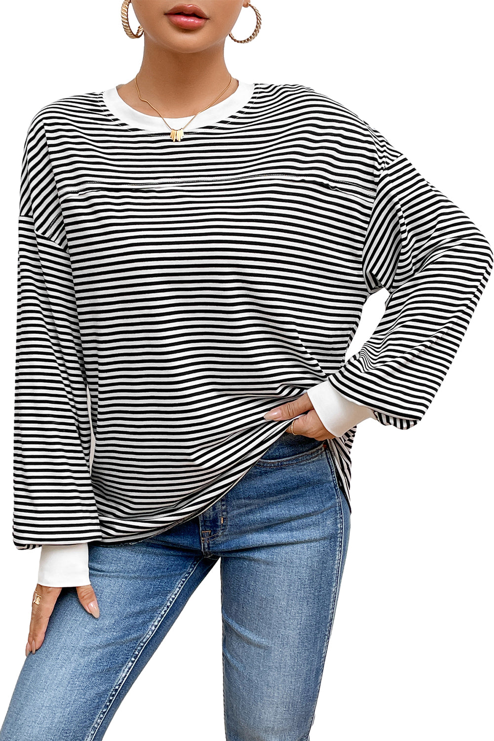 Striped Print Drop Shoulder Loose Sweatshirt