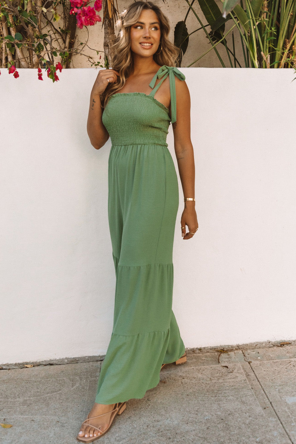 Green Tie Straps Shirred Bodice Tiered Wide Leg Jumpsuit