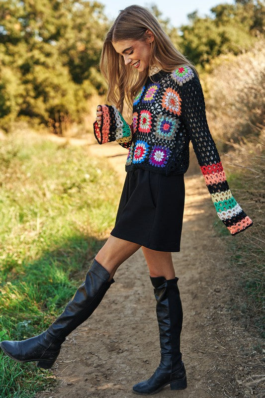 Floral Crochet Striped Sleeve Cropped Knit Sweater