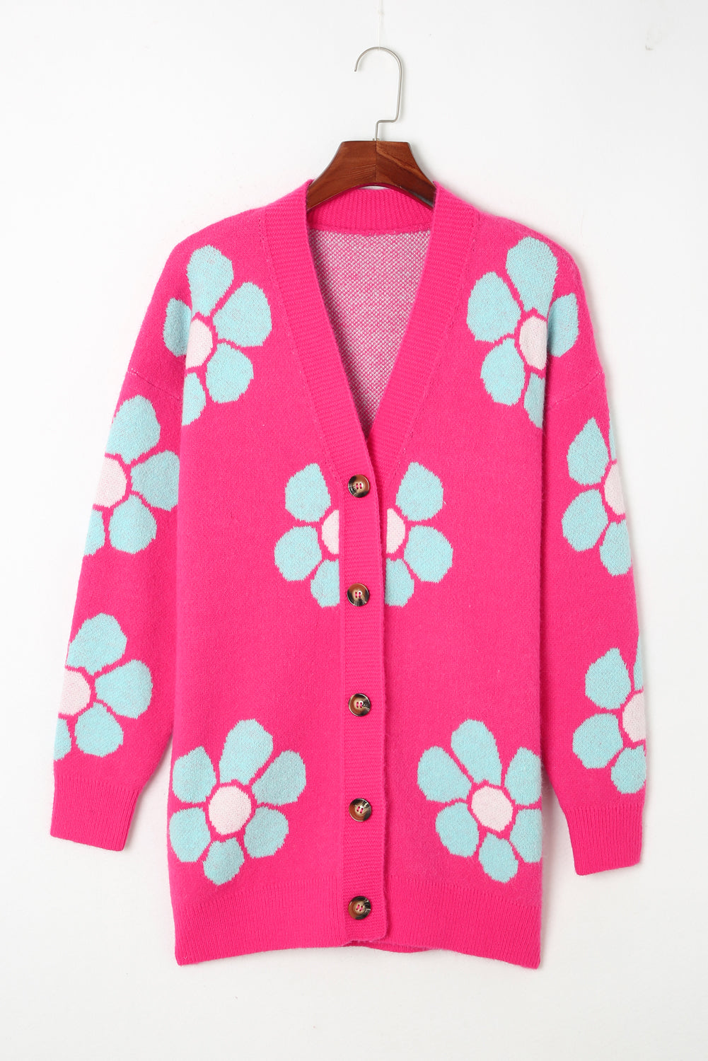 Strawberry Pink Floral Print Button up Knitted Cardigan
