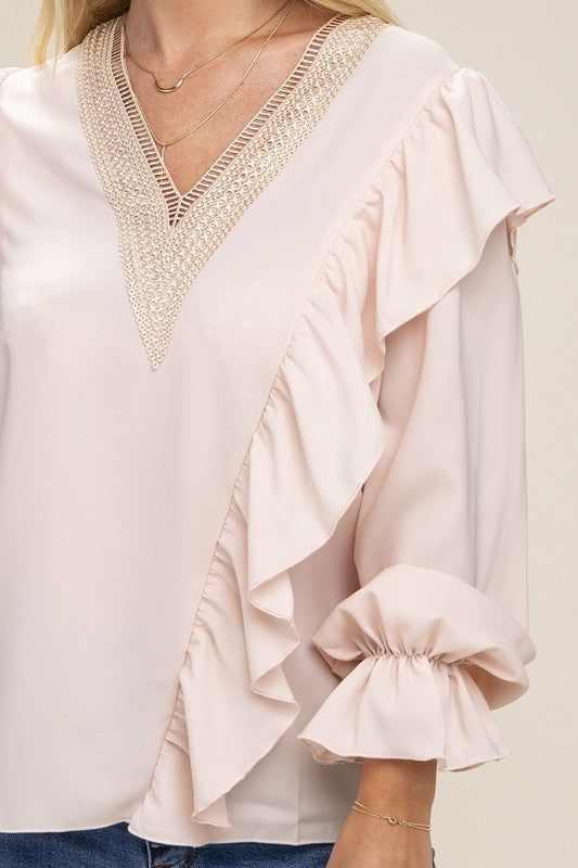 V neck lace trim long sleeve blouse