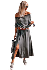 Gray Shirred Off Shoulder Maxi Dress with Split
