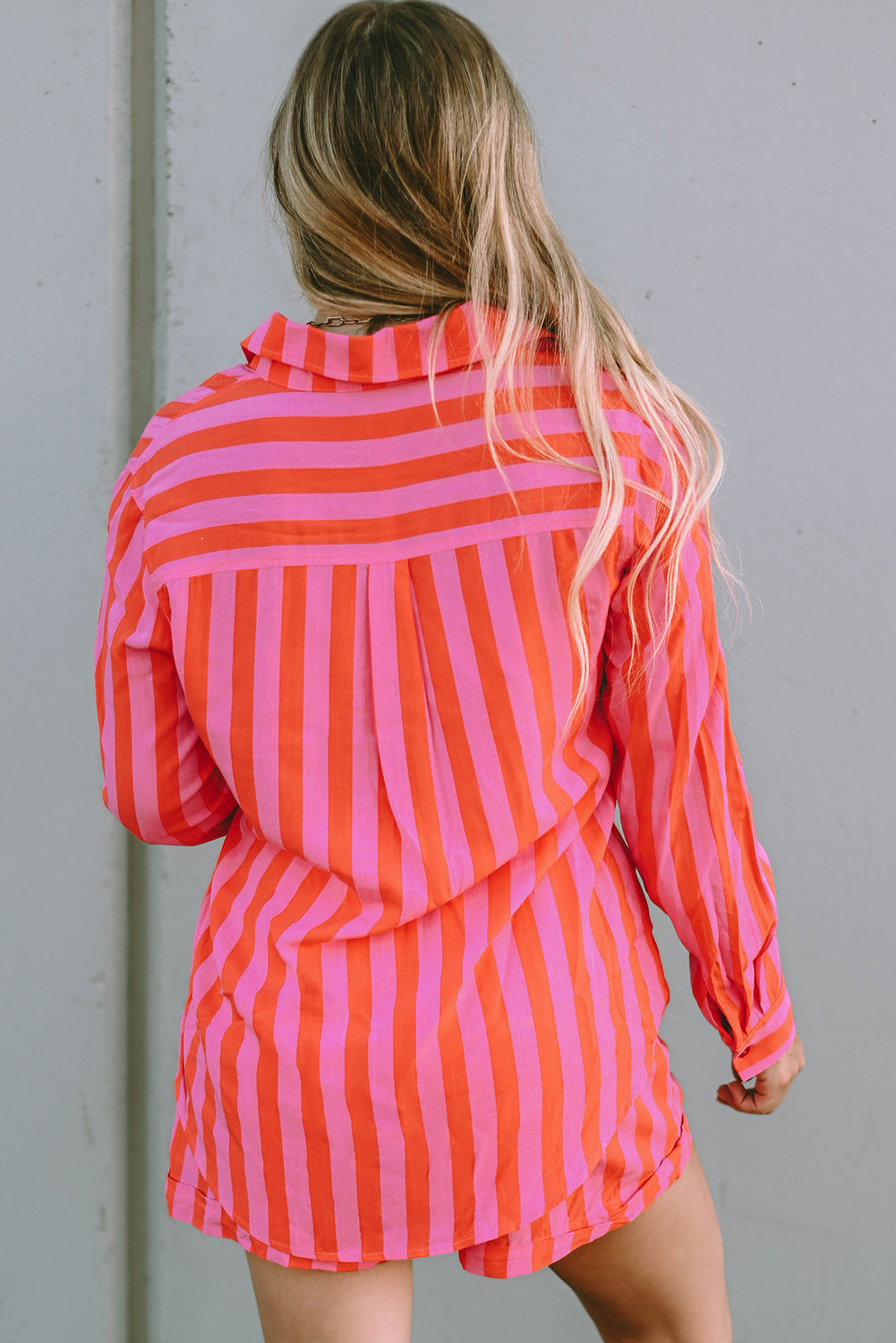 Orange Striped Print Collared Neck Shirt and Shorts Set